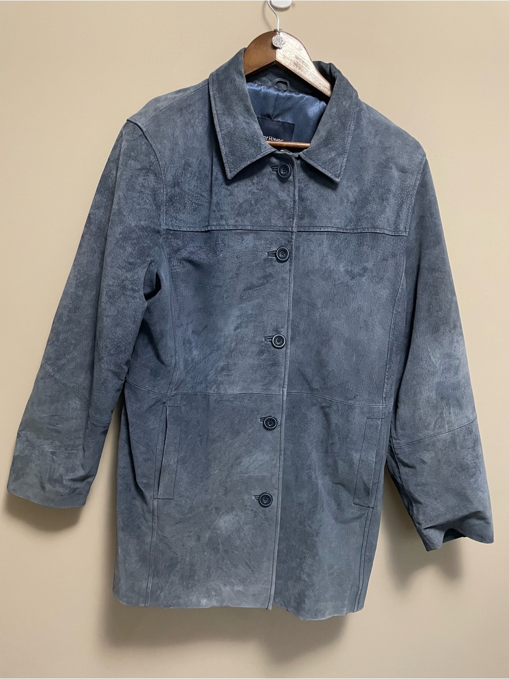 Denver Hayes Slate Blue Leather Suede Button-Up Trench Coat Women’s Large